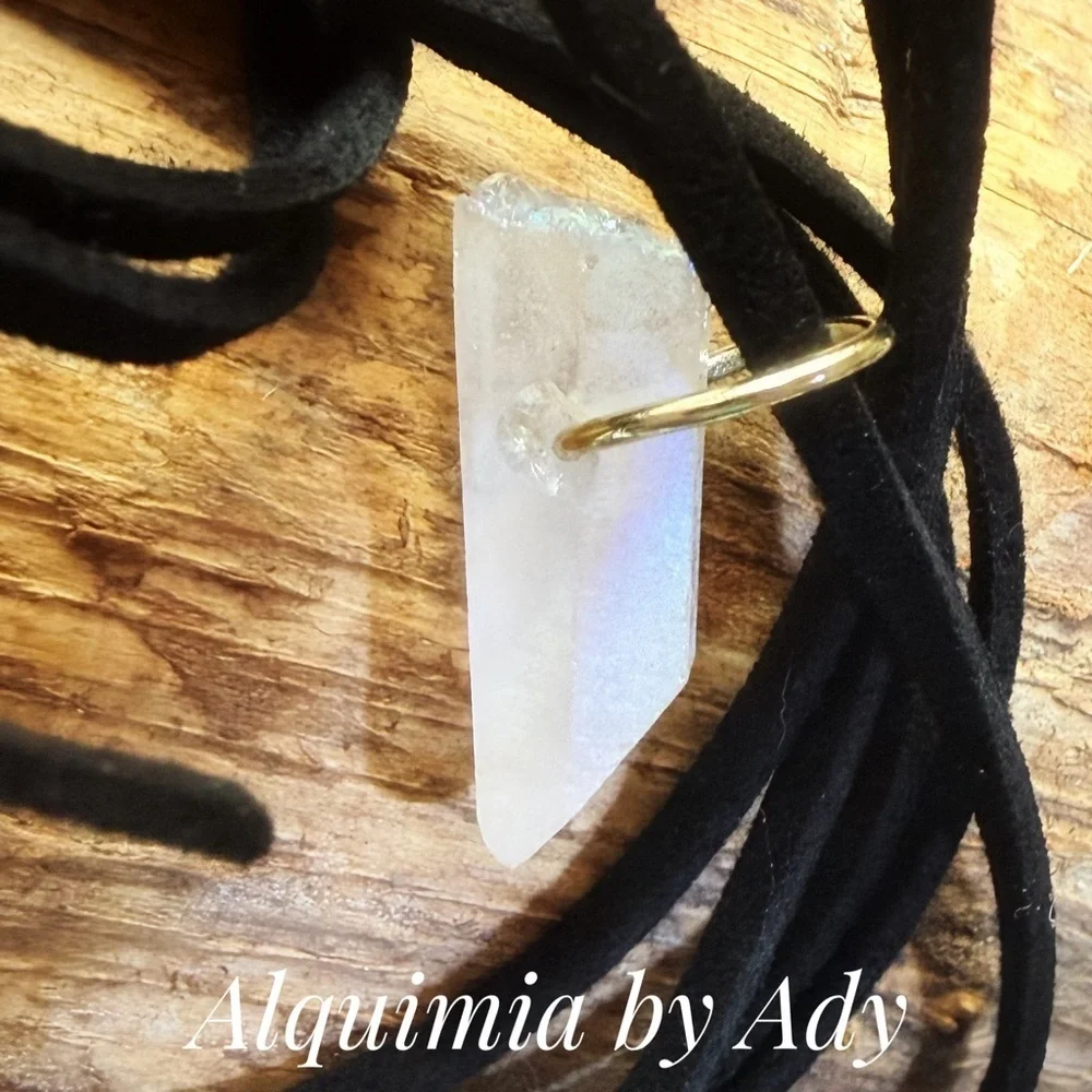 Black long suede cord and raw white quartz stone pendant + minimalism